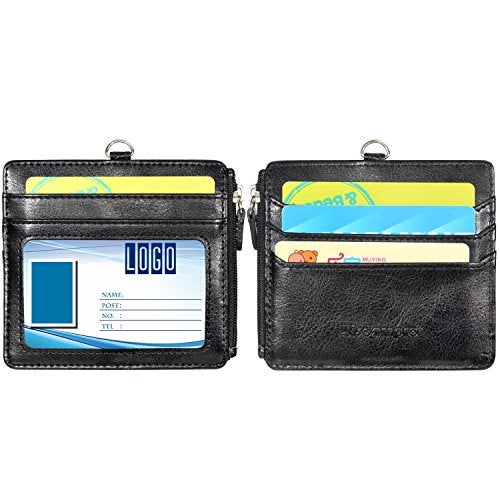Wisdompro Badge Holder with Zip, Wisdompro 2-Sided PU Leather ID Badge Holder with 1 ID Window, 4 Card Slots, 1 Side Zipper Pocket and 1 Piece 20 Inch Leather Neck Lanyard Strap - Black (Horizontal) - Image 2