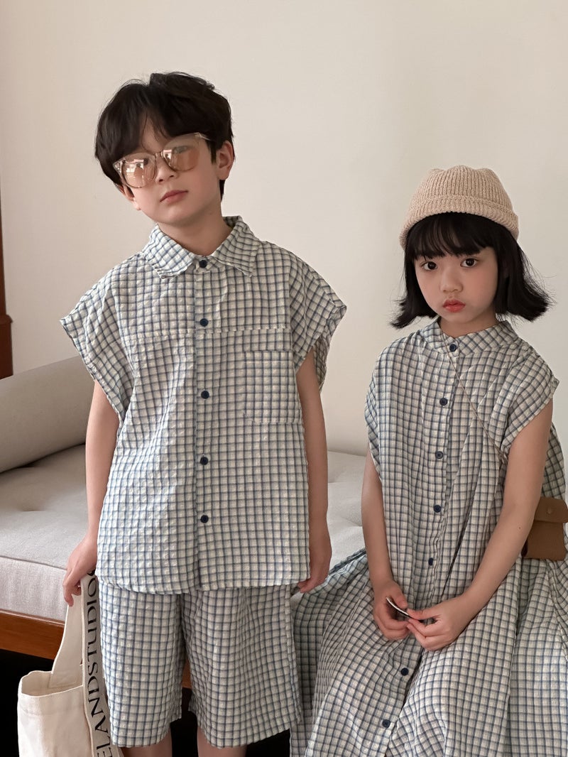 1 x 5 pcs Kids Summer Set 2024 Unisex Shorts Outfit Light Blue Check Set