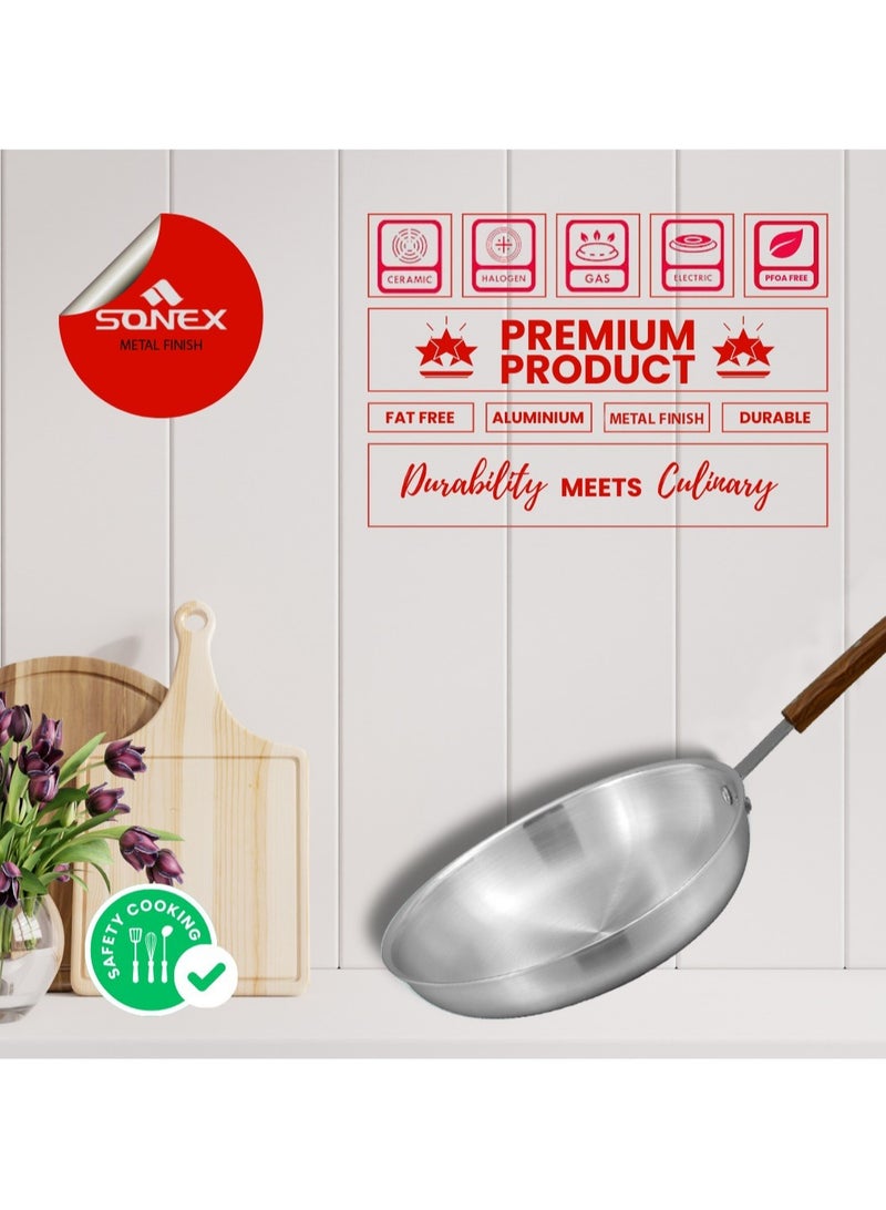 Sonex Traditional Frying Pan No.3 (28 cm), Cookware, Ergonominc Heat Resistant Wooden Handle, Frying Pan, Built to Last, Easy to Clean Dishwasher Safe,Metal Finish Aluminum, Silver - Image 4