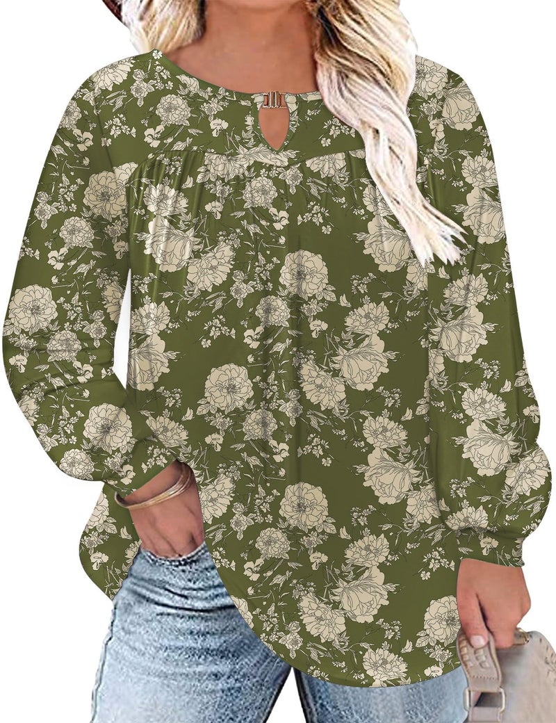 TFSDOD Peasant Blouse for Women Plus Size Floral Shirts V Neck Keyhole Work Shirts Pleated Tunic Tops Army Green Floral 5XL - Image 1