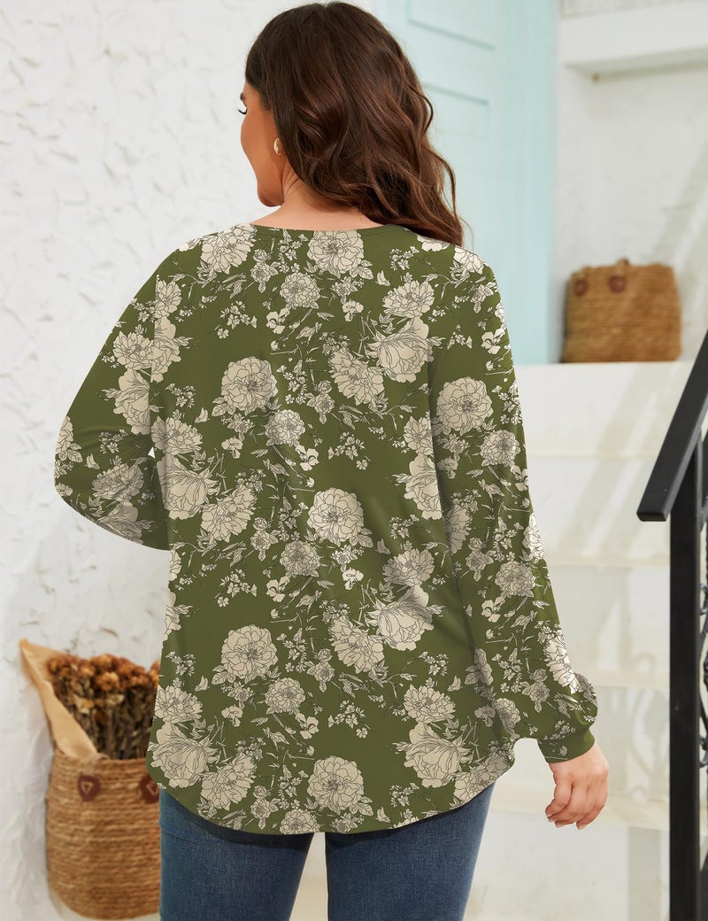 TFSDOD Peasant Blouse for Women Plus Size Floral Shirts V Neck Keyhole Work Shirts Pleated Tunic Tops Army Green Floral 5XL - Image 3