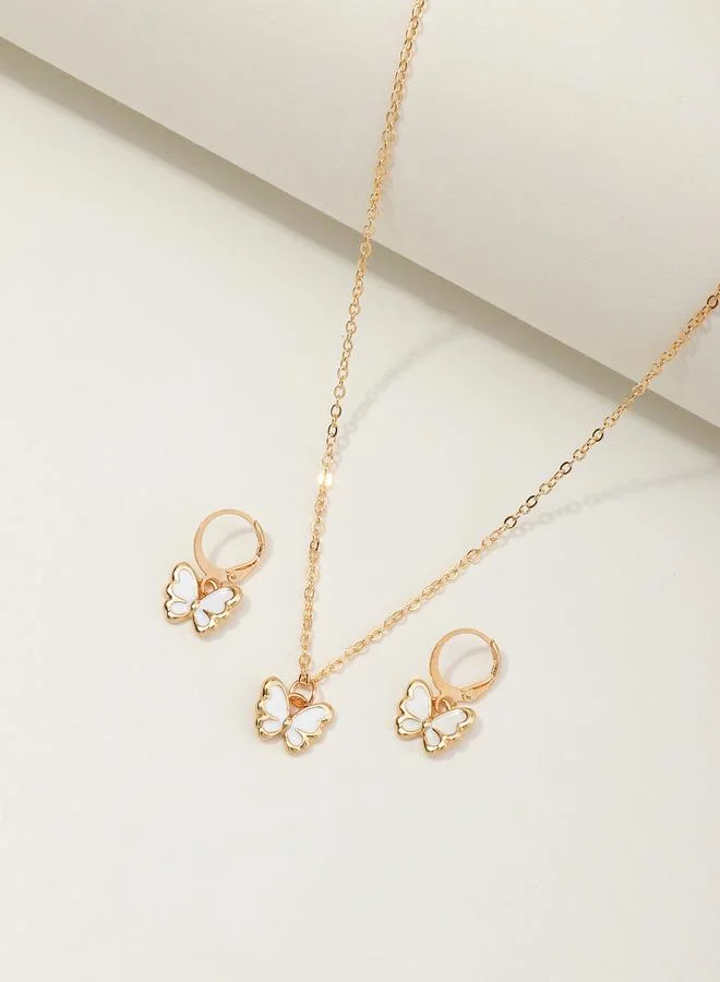 Girls White Butterfly Pendant Necklace and Earrings Set