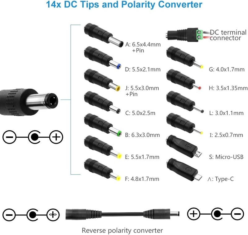 شنيت بور شاحن بجهد 3.5V إلى 24V، سعة 96 واط، محول كهربائي من نوع AC إلى DC، يدعم جهود 3.5V، 5V، 6V، 9V، 12V، 15V، 18V، 19V، 20V، 24V قابلة للتعديل، يعمل على مدخلات تتراوح بين 100V و240V، ومزود بـ 14 مخرجًا لتغيير اتجاه الطور. - Image 4