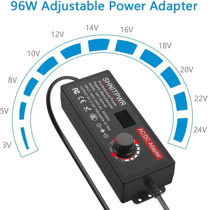 شنيت بور شاحن بجهد 3.5V إلى 24V، سعة 96 واط، محول كهربائي من نوع AC إلى DC، يدعم جهود 3.5V، 5V، 6V، 9V، 12V، 15V، 18V، 19V، 20V، 24V قابلة للتعديل، يعمل على مدخلات تتراوح بين 100V و240V، ومزود بـ 14 مخرجًا لتغيير اتجاه الطور. - Image 2
