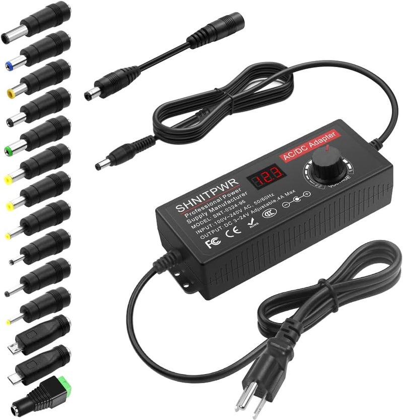 شنيت بور شاحن بجهد 3.5V إلى 24V، سعة 96 واط، محول كهربائي من نوع AC إلى DC، يدعم جهود 3.5V، 5V، 6V، 9V، 12V، 15V، 18V، 19V، 20V، 24V قابلة للتعديل، يعمل على مدخلات تتراوح بين 100V و240V، ومزود بـ 14 مخرجًا لتغيير اتجاه الطور. - Image 1