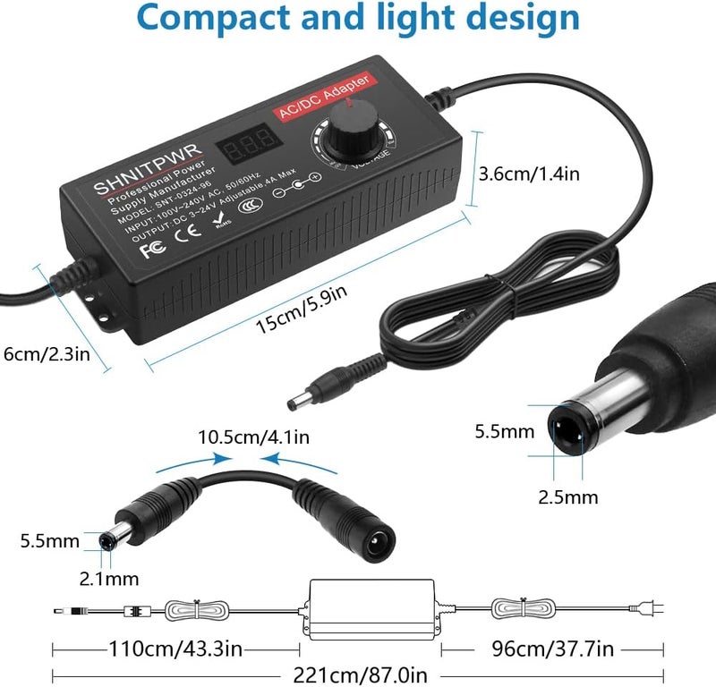شنيت بور شاحن بجهد 3.5V إلى 24V، سعة 96 واط، محول كهربائي من نوع AC إلى DC، يدعم جهود 3.5V، 5V، 6V، 9V، 12V، 15V، 18V، 19V، 20V، 24V قابلة للتعديل، يعمل على مدخلات تتراوح بين 100V و240V، ومزود بـ 14 مخرجًا لتغيير اتجاه الطور. - Image 3