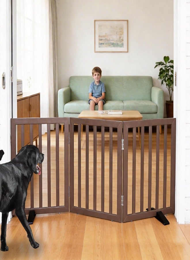 ZJSF Freestanding Indoor Dog Gate for House Foldable Wood Puppy Gate for Doorways Pet Gate for Stairs Extra Wide Pet Fence, Brown, 24" Height 3 Panels - Image 1