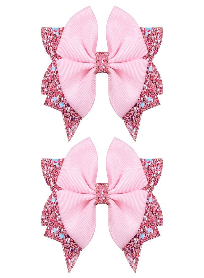 KCHIES 3.5 Inch Glitter Pink Hair Bows Alligator Clips for Girls, Boutique Grosgrain Ribbon Bowknot Barrettes Hairpins, Babies Toddler Teens Kids Hair Decor Accessories in Pairs - Image 1