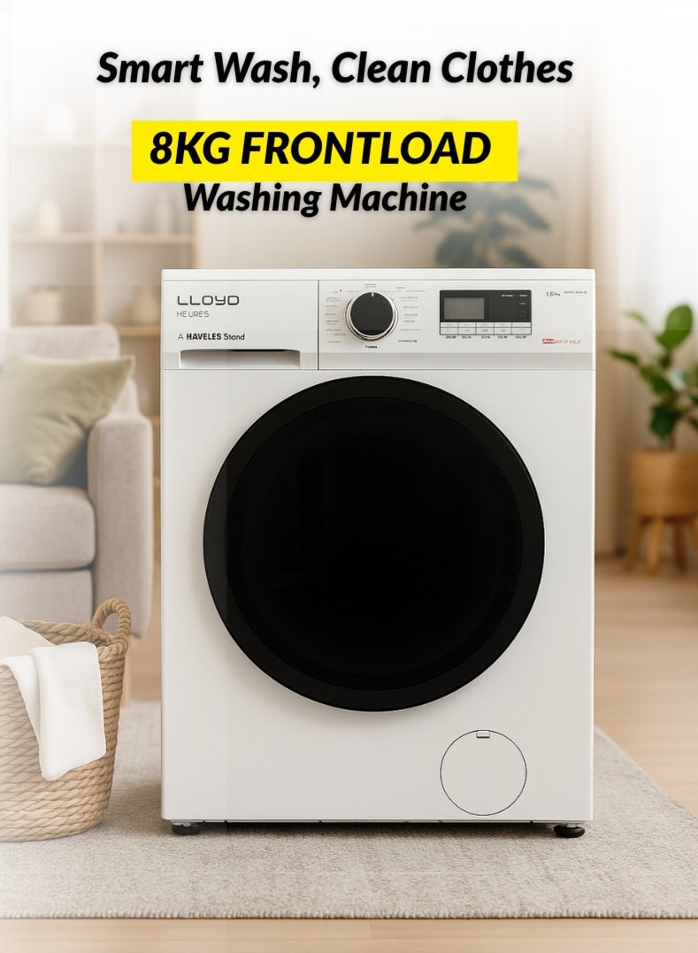Lloyd 8 Kg Front Load Washing Machine, Model GLWF804POGWT04 – Energy-Efficient Inverter Motor, 1400 RPM Spin Speed, Multiple Wash Programs, Quick Wash, LED Display, Child Lock, White Finish – Ideal for Large Families and Heavy Laundry Loads - Image 1