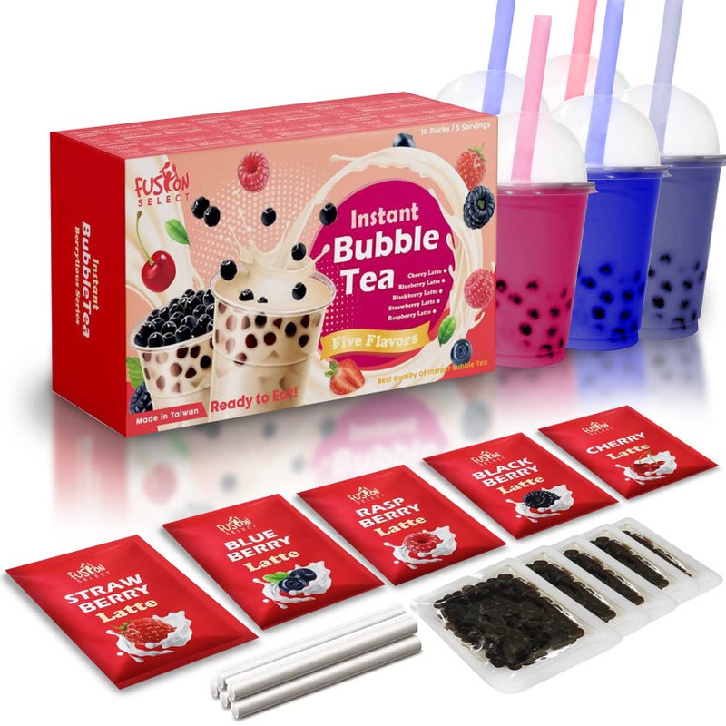 Fusion Select 5 Packs Bubble Tea Kit Extra Rich Blueberry, Raspberry Strawberry Blackberry Cherry Boba Tea Kit Drinks, Boba Tapioca Pearl, Straws, Various Tea Set Flavors - Image 1