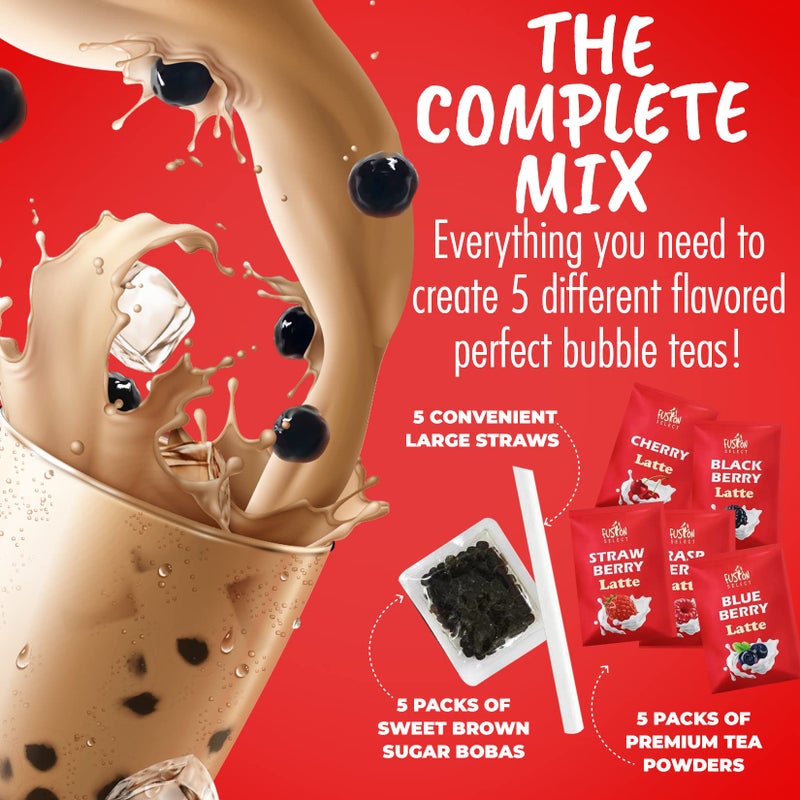 Fusion Select 5 Packs Bubble Tea Kit Extra Rich Blueberry, Raspberry Strawberry Blackberry Cherry Boba Tea Kit Drinks, Boba Tapioca Pearl, Straws, Various Tea Set Flavors - Image 4
