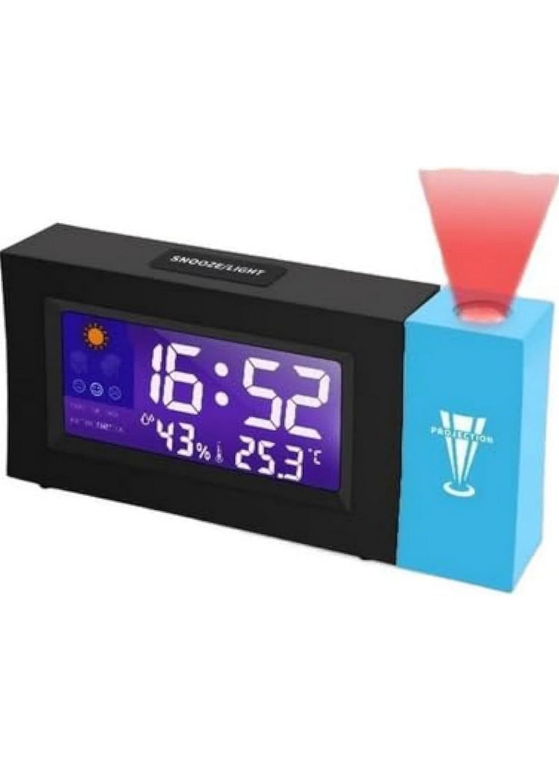 Digital clock with snooze bell, calendar to display date, humidity and temperature. Sound playback option. Projector to display the clock on the ceiling or wall. Battery operated.