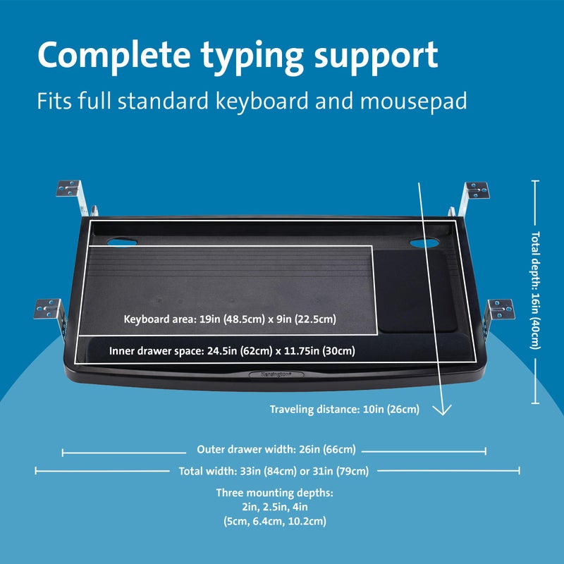 Kensington Keyboard Tray Under Desk, SmartFit Ergonomic Slide-Out Keyboard Drawer with Cable Management, Extra-Wide Height Adjustable Keyboard Holder, 24.5" x 11.75", Black K60004US - Image 2