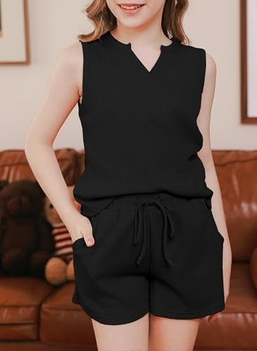 blibean Tween Girl Clothes Sets Little Kids Girls Cotton Sleeveless Shorts Outfits Waffle Summer Two Piece Matching Lounge Casual Tunic Tops Sets Size 8-9 Years Old Black - Image 2