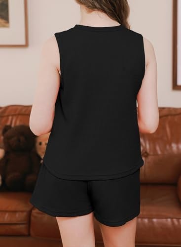 blibean Tween Girl Clothes Sets Little Kids Girls Cotton Sleeveless Shorts Outfits Waffle Summer Two Piece Matching Lounge Casual Tunic Tops Sets Size 8-9 Years Old Black - Image 3