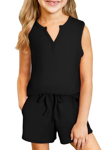 blibean Tween Girl Clothes Sets Little Kids Girls Cotton Sleeveless Shorts Outfits Waffle Summer Two Piece Matching Lounge Casual Tunic Tops Sets Size 8-9 Years Old Black - Image 1
