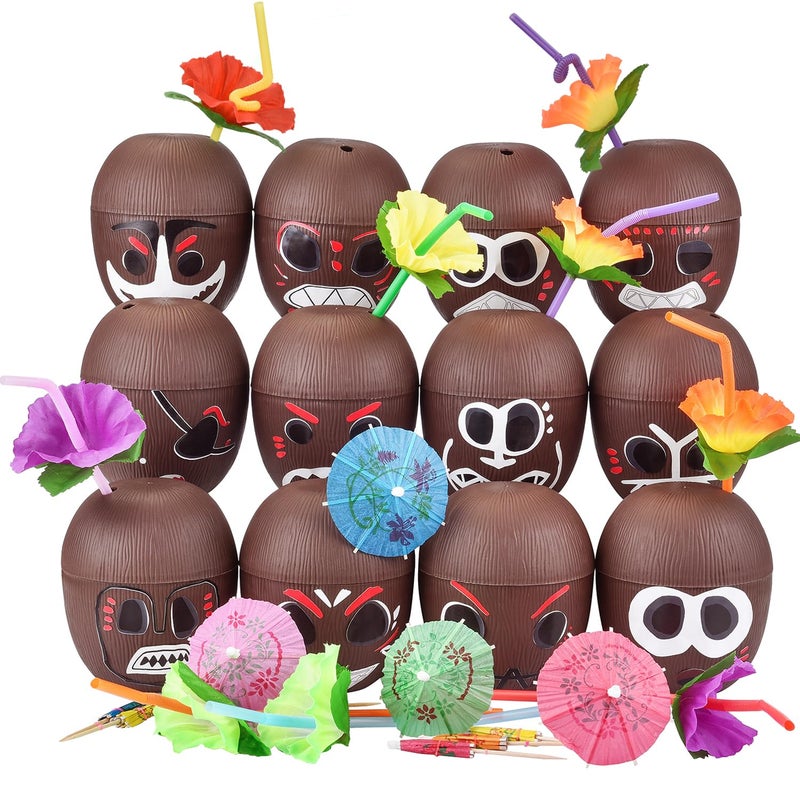 NINU 12 Pack Coconut Cups with 12 Straws 12 Cocktail Drink Picks and 12 stickers, DIY Tropical Hawaiian Luau Tiki and Beach Party Decorations for Kids and Adults - Image 1