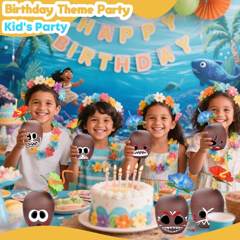 NINU 12 Pack Coconut Cups with 12 Straws 12 Cocktail Drink Picks and 12 stickers, DIY Tropical Hawaiian Luau Tiki and Beach Party Decorations for Kids and Adults - Image 4
