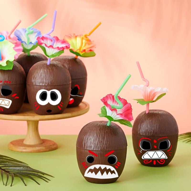 NINU 12 Pack Coconut Cups with 12 Straws 12 Cocktail Drink Picks and 12 stickers, DIY Tropical Hawaiian Luau Tiki and Beach Party Decorations for Kids and Adults - Image 3