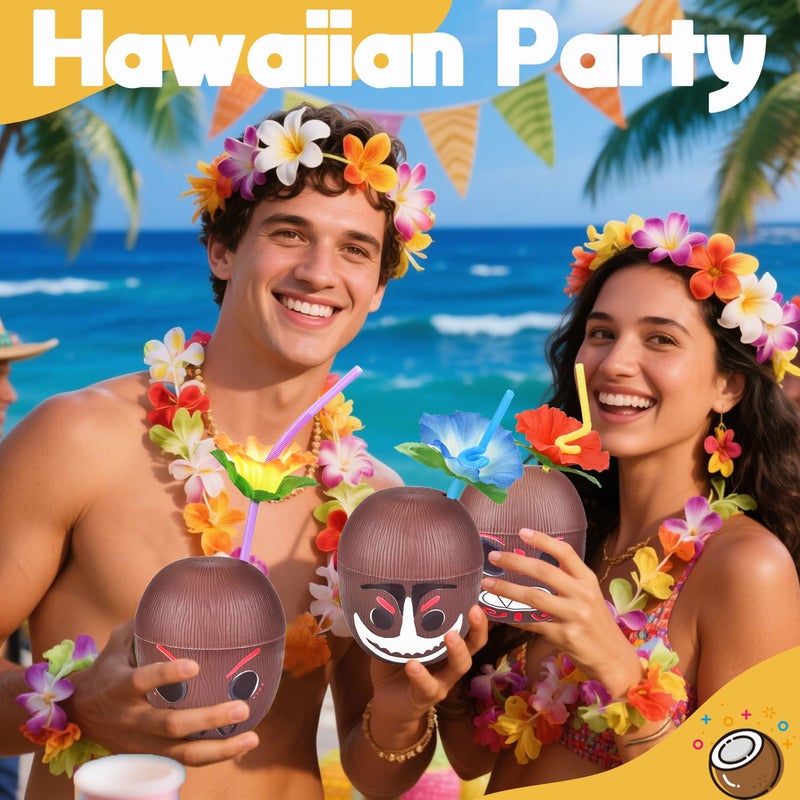 NINU 12 Pack Coconut Cups with 12 Straws 12 Cocktail Drink Picks and 12 stickers, DIY Tropical Hawaiian Luau Tiki and Beach Party Decorations for Kids and Adults - Image 5