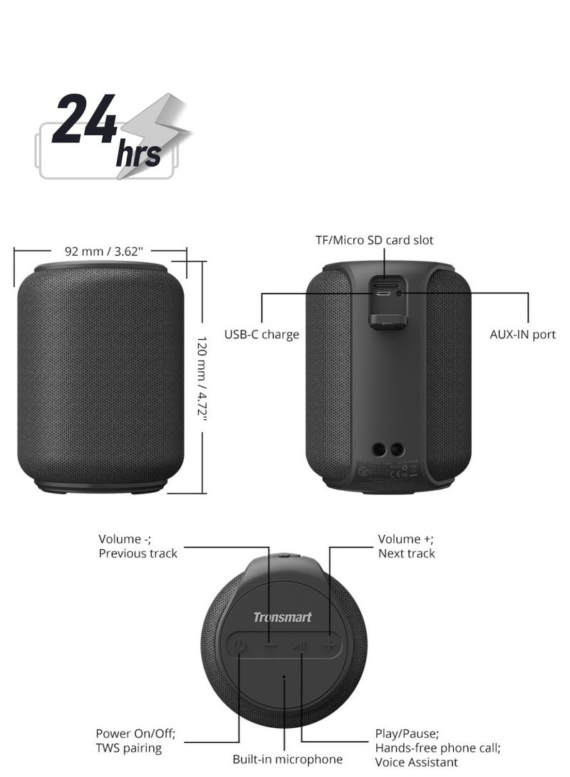 Tronsmart T6 Mini Upgraded Portable Speaker - 15W Wireless, 360-degree Surround Sound, Stereo Pairing, IPX6 Water-resistant, 24H Battery, Bluetooth 5.3 - Black - Image 3