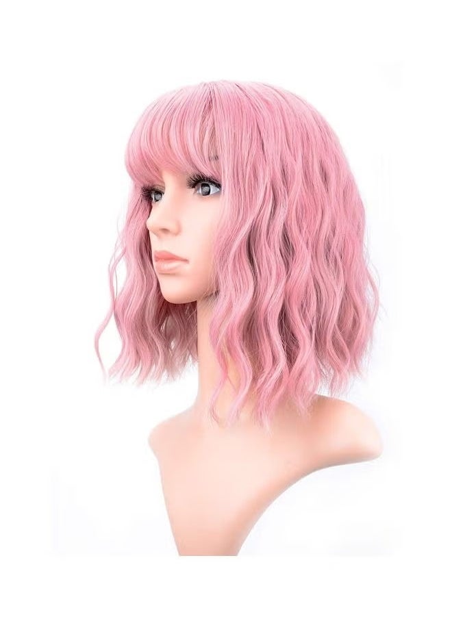 Generic Pastel Wavy Wig with Air Bangs Women's Short Bob Pink Curly Shoulder Length Synthetic Cosplay Lolita Wigs for Girl Women Colorful Costume Hair Party and Daily (Pink)  - Image 2