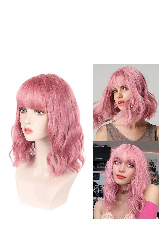 Generic Pastel Wavy Wig with Air Bangs Women's Short Bob Pink Curly Shoulder Length Synthetic Cosplay Lolita Wigs for Girl Women Colorful Costume Hair Party and Daily (Pink)  - Image 1