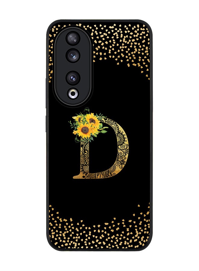 Stylizedd Rugged Black edge case for Honor 90 5G, Slim fit Flexible Anti Drop Thin Cover - Custom Monogram Initial Letter Floral Pattern Alphabet - D ( Black ) - Image 1