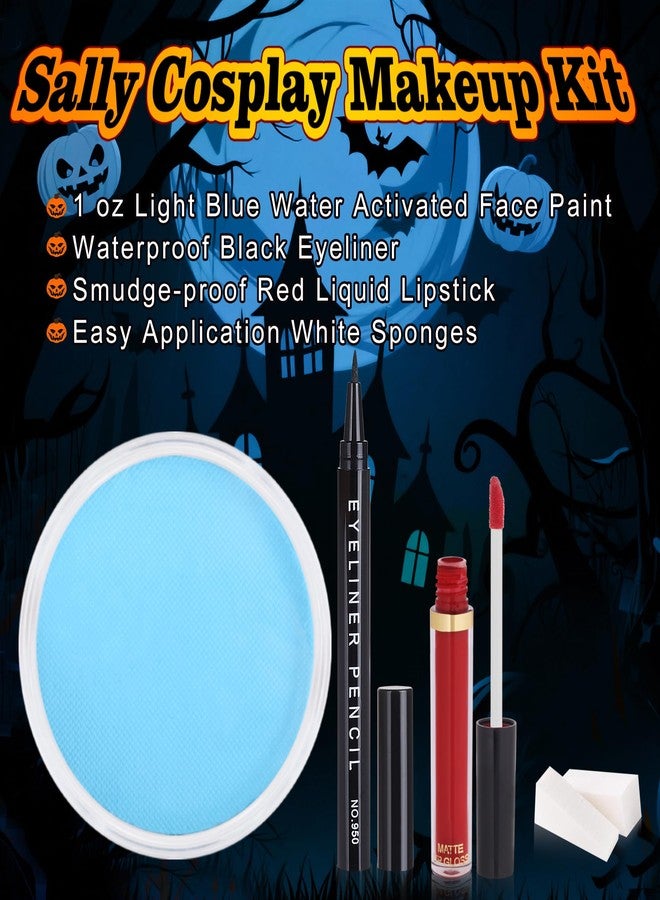Yeweian Sally Makeup Kit, Sally Face Costume Cosplay Accessories for Women, Corpse Bride Costume Makeup Kit, Water Activated Light Blue Face Body Paint+Red Lipstick+Black Eyeliner+Sponges - Image 3