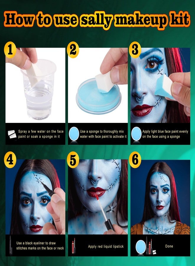 Yeweian Sally Makeup Kit, Sally Face Costume Cosplay Accessories for Women, Corpse Bride Costume Makeup Kit, Water Activated Light Blue Face Body Paint+Red Lipstick+Black Eyeliner+Sponges - Image 4