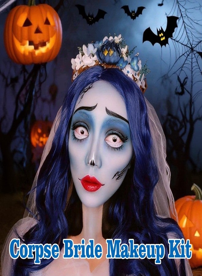 Yeweian Sally Makeup Kit, Sally Face Costume Cosplay Accessories for Women, Corpse Bride Costume Makeup Kit, Water Activated Light Blue Face Body Paint+Red Lipstick+Black Eyeliner+Sponges - Image 5