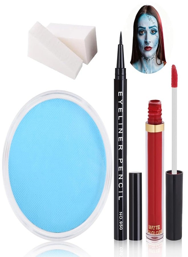 Yeweian Sally Makeup Kit, Sally Face Costume Cosplay Accessories for Women, Corpse Bride Costume Makeup Kit, Water Activated Light Blue Face Body Paint+Red Lipstick+Black Eyeliner+Sponges - Image 1