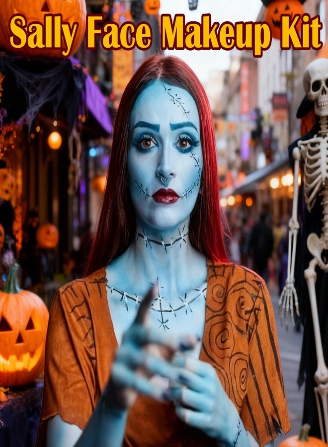 Yeweian Sally Makeup Kit, Sally Face Costume Cosplay Accessories for Women, Corpse Bride Costume Makeup Kit, Water Activated Light Blue Face Body Paint+Red Lipstick+Black Eyeliner+Sponges - Image 2