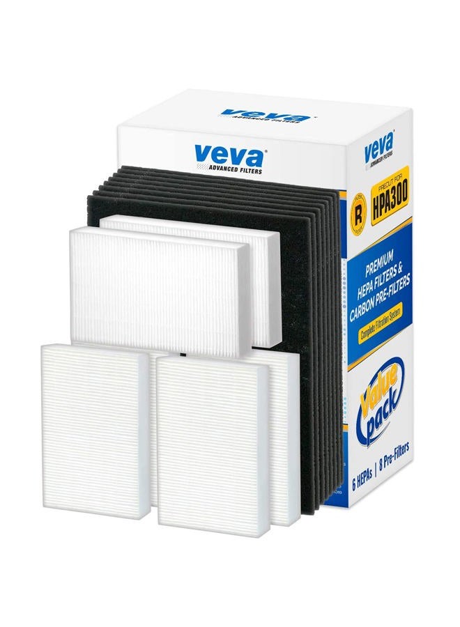 VEVA Air Purifier Filter Replacement - 6 Pack of HEPA Air Filters w/ 8 Precut Activated Carbon Pre-Filters, Compatible with Honeywell HPA300 Purifiers & Filter R, HEPA Filter and Pre filters - Image 1