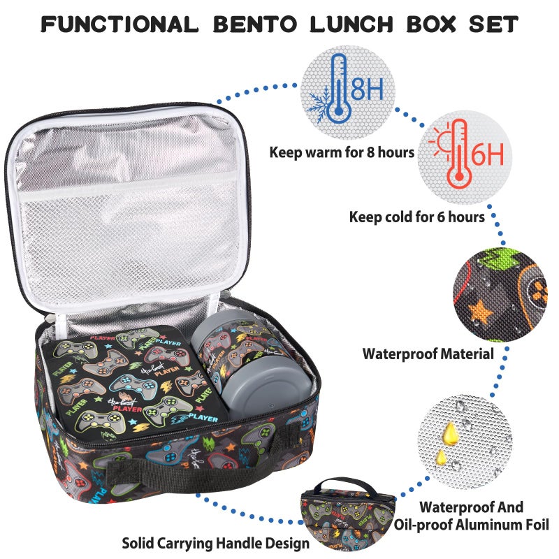 Howeemo Bento Lunch Box Set for Kids with 10oz Soup Thermo, Leak-Proof Lunch Containers with 4 Compartment, Kids Thermo Hot Food Jar and Insulated Lunch Bag for Kid to School,BPA-Free(Black-Game Console) - Image 2