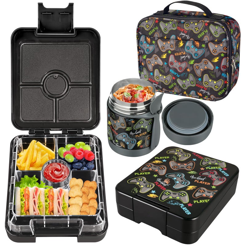 Howeemo Bento Lunch Box Set for Kids with 10oz Soup Thermo, Leak-Proof Lunch Containers with 4 Compartment, Kids Thermo Hot Food Jar and Insulated Lunch Bag for Kid to School,BPA-Free(Black-Game Console) - Image 1