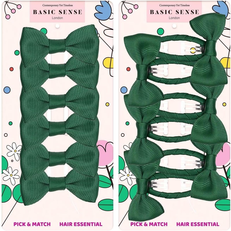 Basic Sense Mini Hair Bows Elastics Snap Clips Grossgrain Ribbon Ties Hairpins for School Girls 12 pcs Dark Green