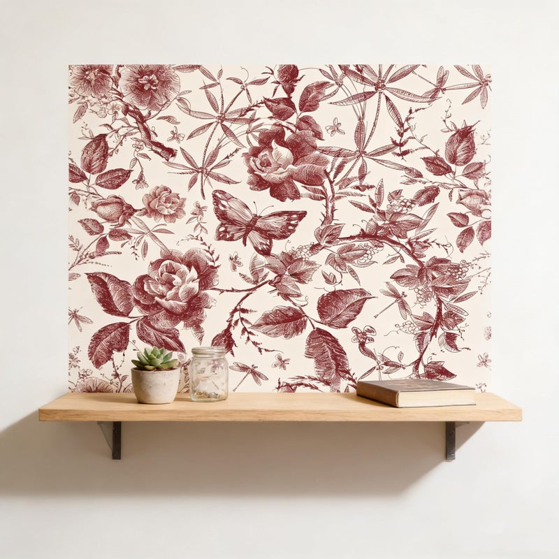 LOVADA Drawer Liner Contact Paper for Dresser Drawers Peel and Stick Wallpaper Sketched Design 15.7x118in Self Adhesive Removable Red Maroon Rose Floral Butterfly Vintage Cabinet Shelf Renter Friendly - Image 5
