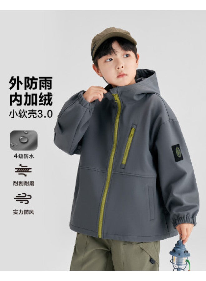 Zuoxi Boys' Hooded Fleece-lined Softshell Jacket Waterproof Kids' Spring/autumn Top 2025 New Arrival Big Kids' Outerwear - Image 1