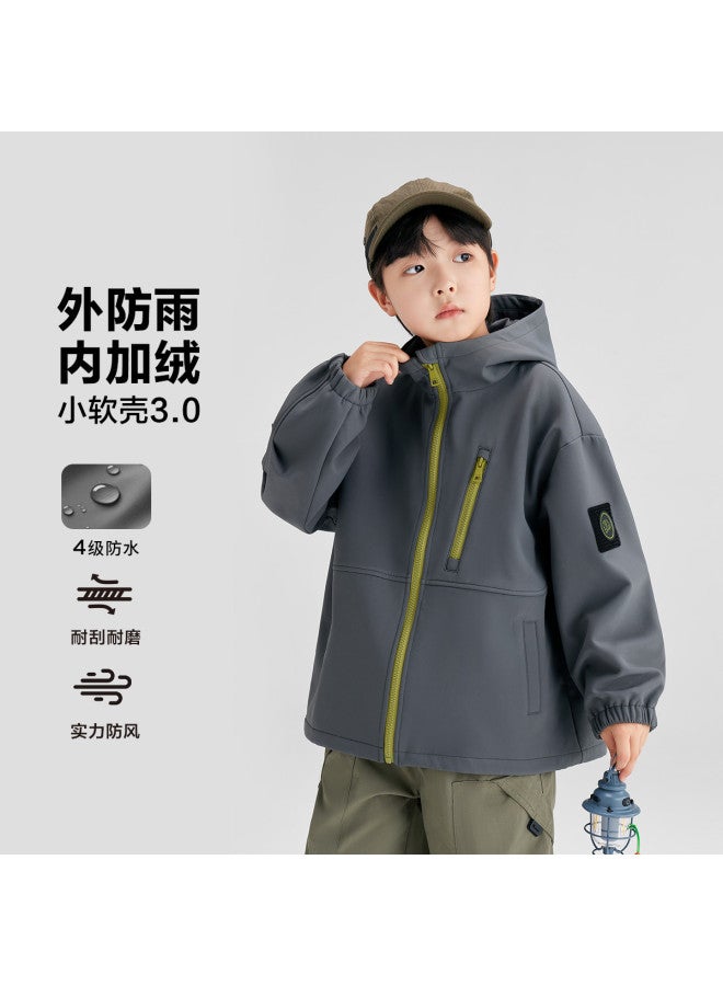 Zuoxi Boys' Hooded Fleece-lined Softshell Jacket Waterproof Kids' Spring/autumn Top 2025 New Arrival Big Kids' Outerwear - Image 2
