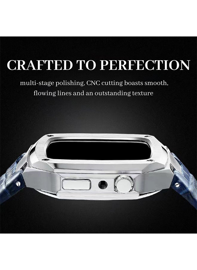 O Ozone Stainless Steel Case with Genuine Leather Watch Band For Apple Watch 44mm 45mm, Luxury Metal Protective Bumper Cover for Men- Black  - Image 3