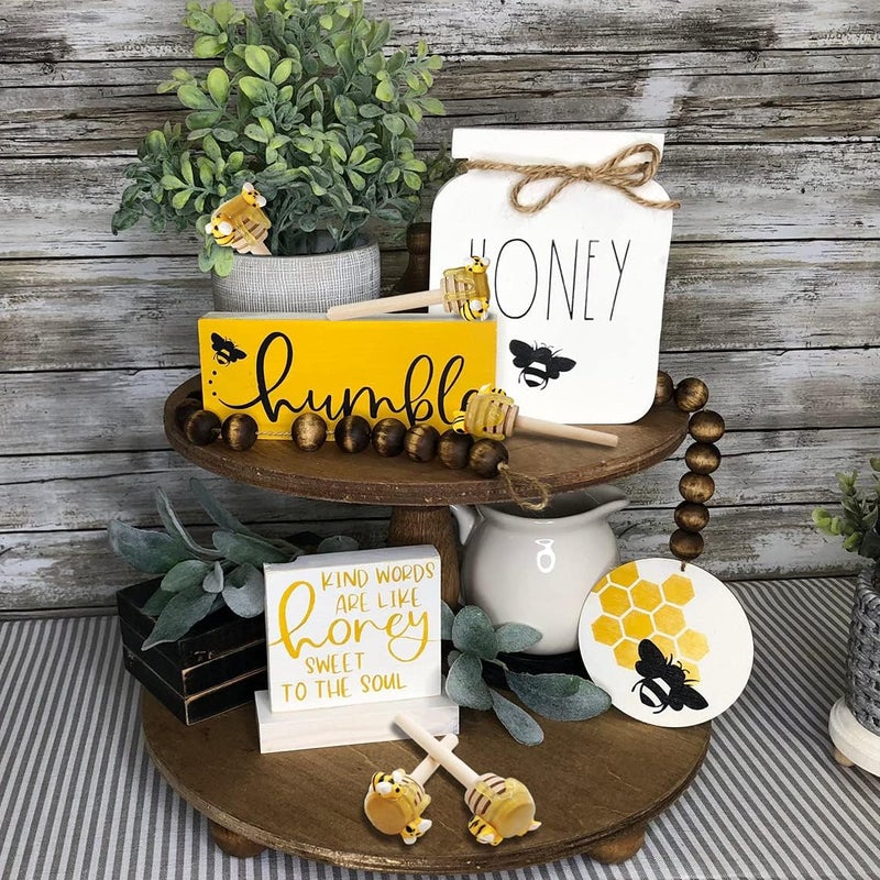 Laisgee 5 PCS Honey Dipper with Faux Honey Mini Bee Tiered Tray Decor Spring Summer Farmhouse Kitchen Display - Image 4