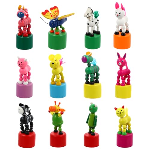 NUOBESTY Wooden Push Puppets Toys Kids Finger Thumb Puppets Animal Figurines Party Favors Press Base Toy Role Play Performance Props 12pcs Random Colors - Image 1