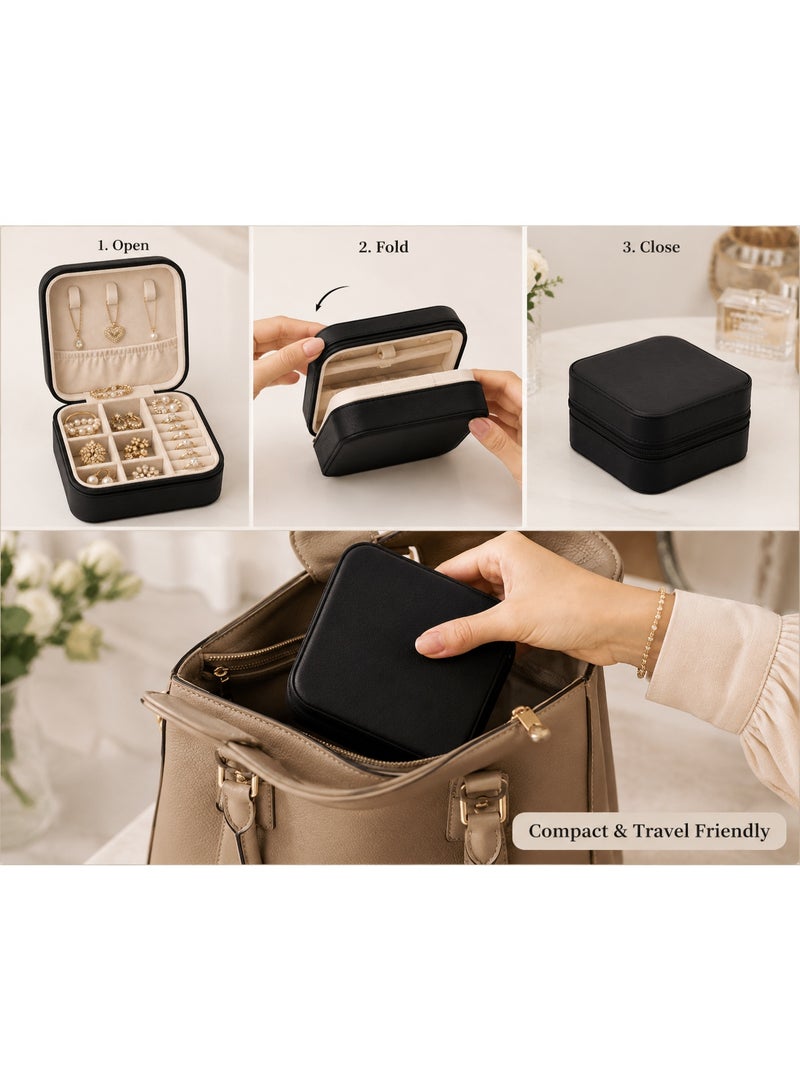 Lacoz Portable Travel Jewelry Organizer Box with Zipper Compact Jewelry Storage Case for Rings, Earrings, Necklaces, Bracelets, Watches & Small Accessories Black - Image 4
