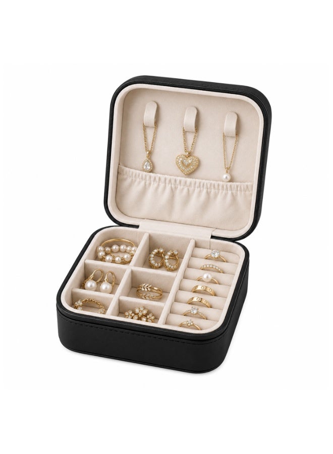 Lacoz Portable Travel Jewelry Organizer Box with Zipper Compact Jewelry Storage Case for Rings, Earrings, Necklaces, Bracelets, Watches & Small Accessories Black - Image 2