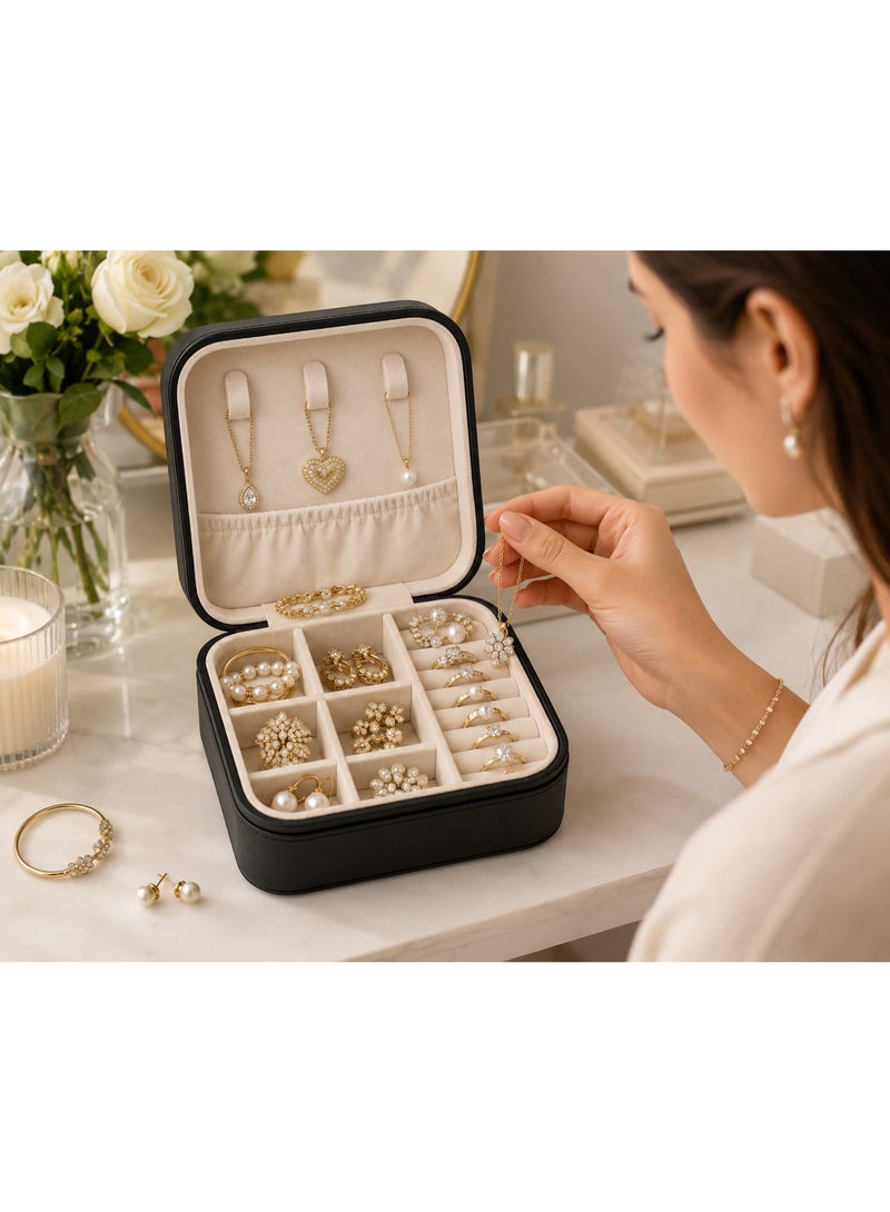 Lacoz Portable Travel Jewelry Organizer Box with Zipper Compact Jewelry Storage Case for Rings, Earrings, Necklaces, Bracelets, Watches & Small Accessories Black - Image 3