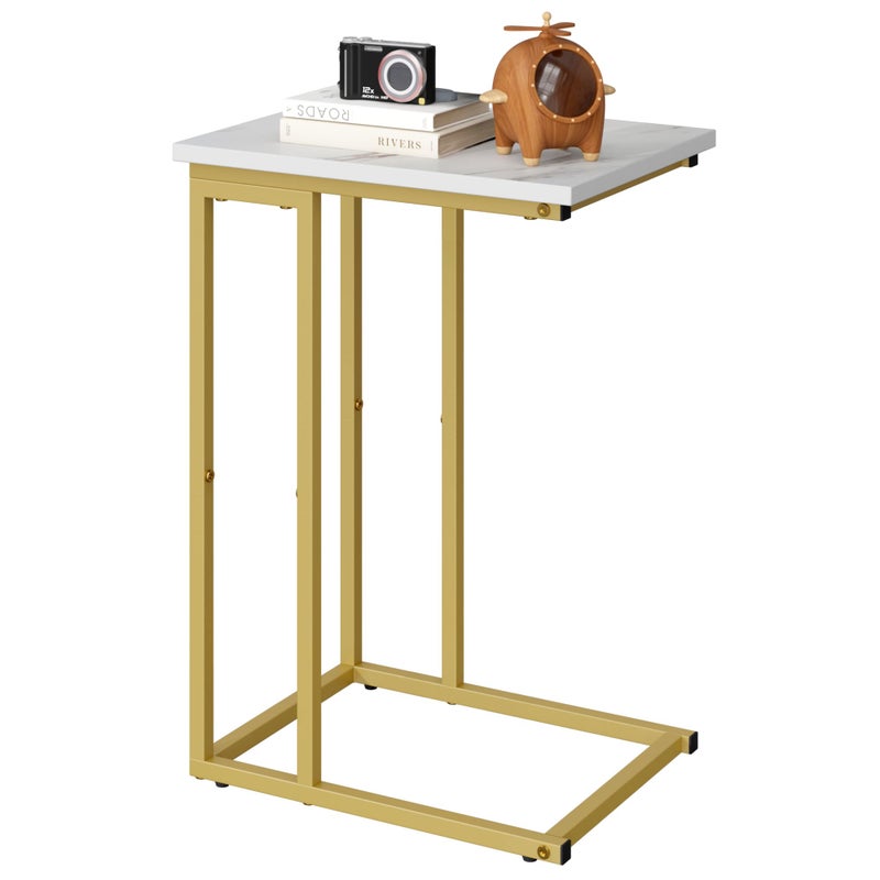 Function Home C Shaped End Table Small Side Tables for Sofa Bed Couch Tables That Slide Under Drink Snack Table for Living Room Bedroom Small Space White Wood Top and Gold Metal Frame