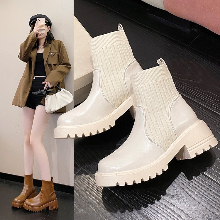 Plus Size Square Heel Round Head Fashion Boots Explosions Socks Boots Shein - Image 4