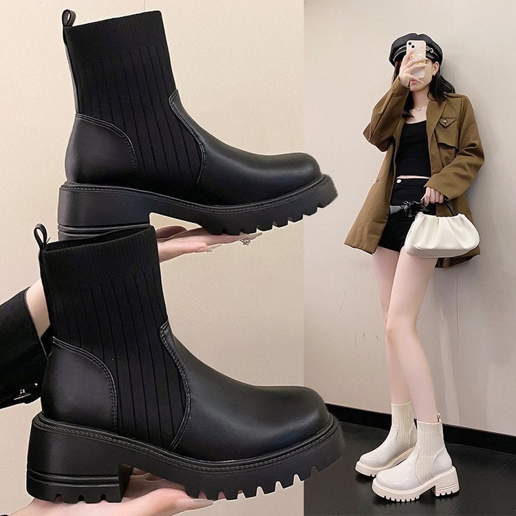 Plus Size Square Heel Round Head Fashion Boots Explosions Socks Boots Shein - Image 3