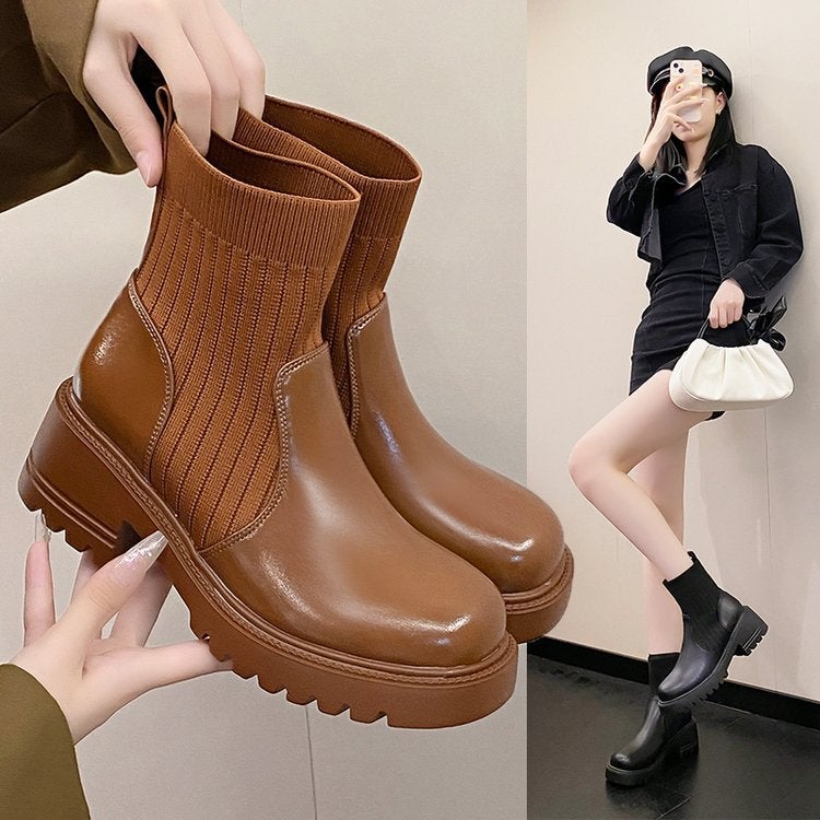 Plus Size Square Heel Round Head Fashion Boots Explosions Socks Boots Shein - Image 5